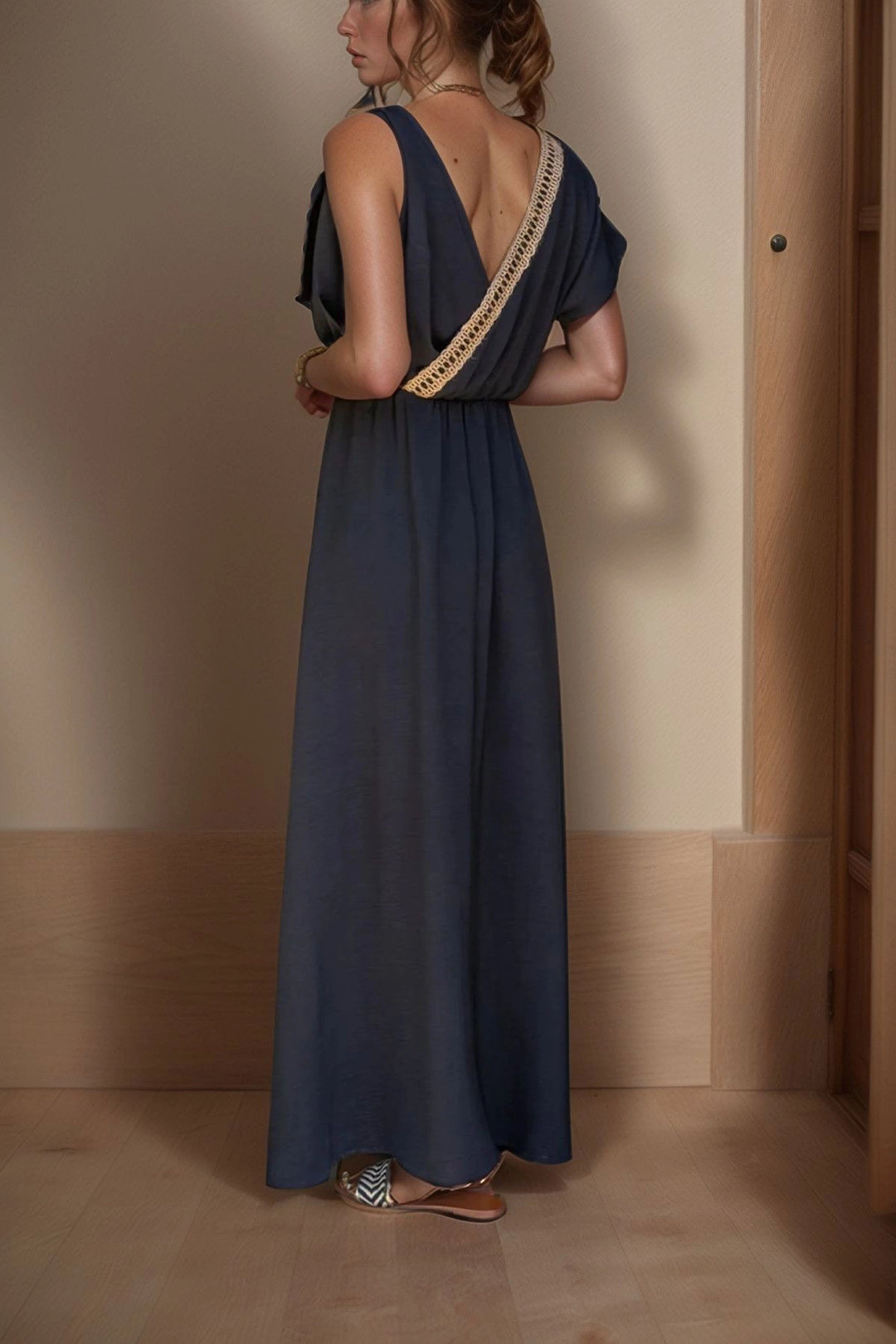 Black Airy Shoulder Straw Hat Detailed Waist Gathered Long Dress BCBSK-25700-3127 - Beauvais