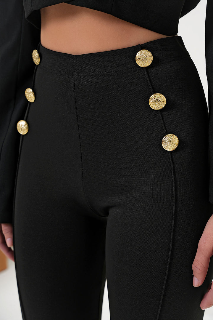 Black Gold Color Buttoned Front Laced Leggings BCHYL-251219 - Cuernavaca