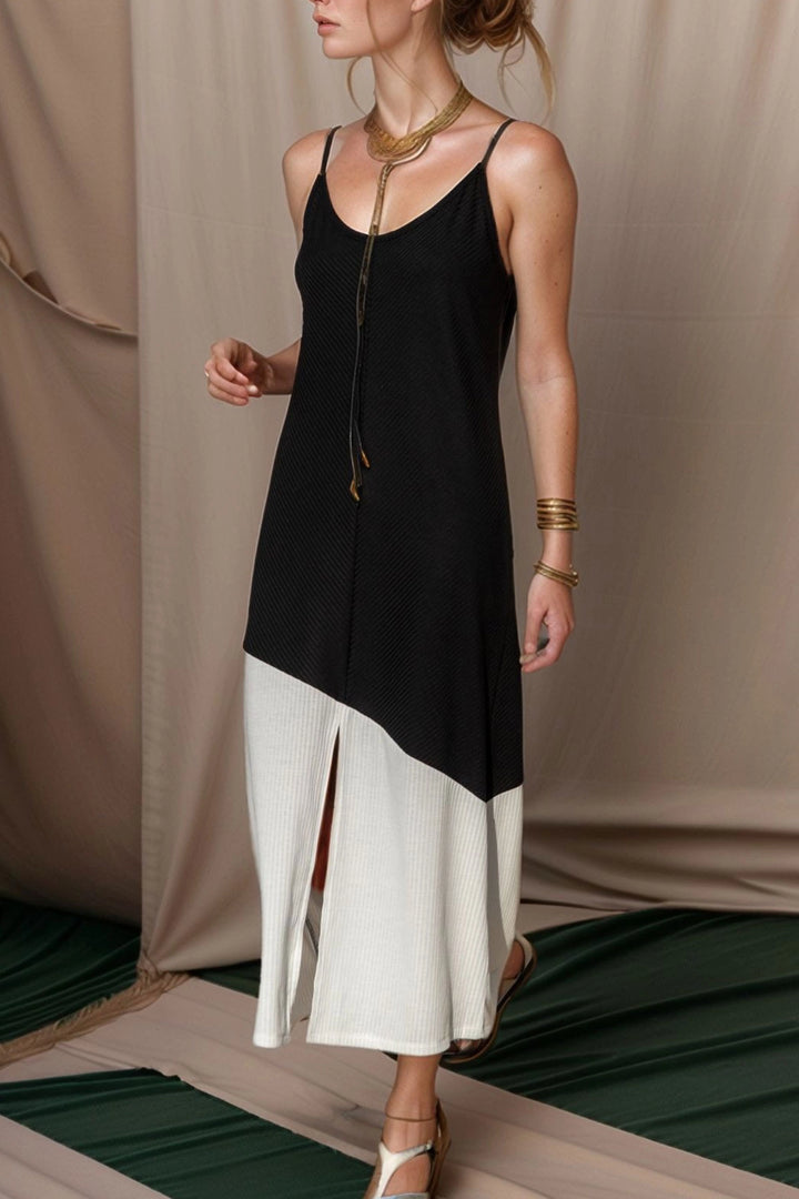 Black Asymmetric Block Slit Strap Long Dress BCBSK-25700-2898 - Gent