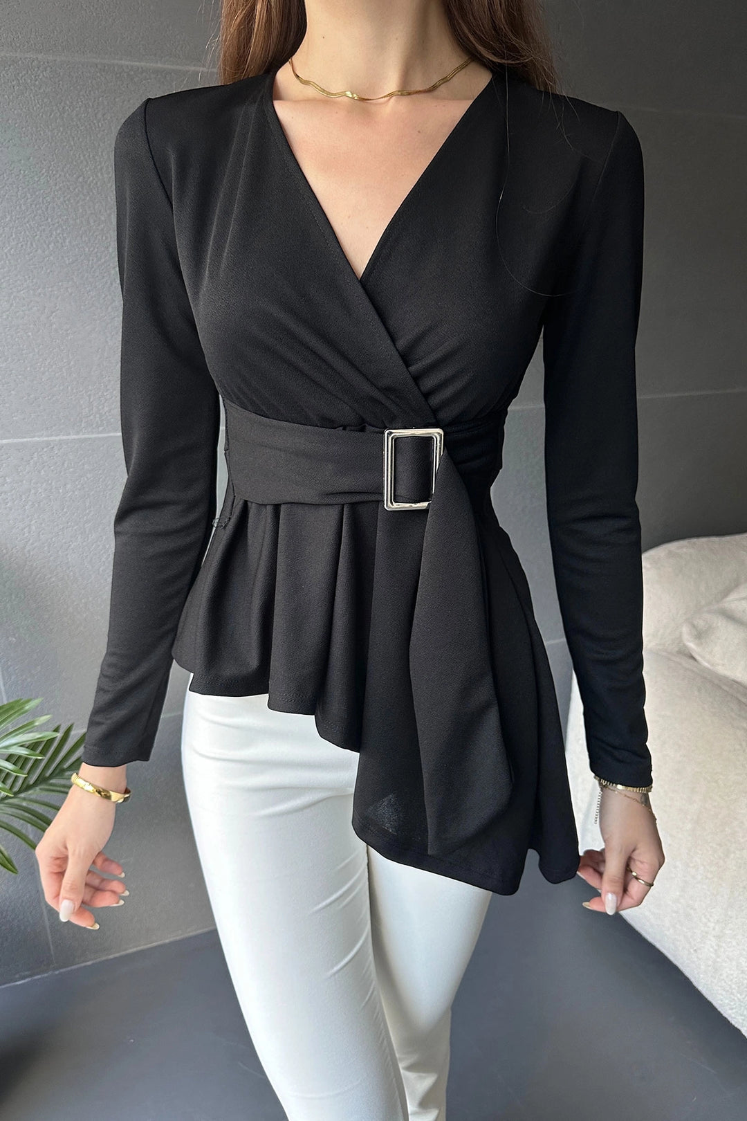 Black Asymmetric Cut Belt Detail Blouse BCDF-242118 - Perpignan