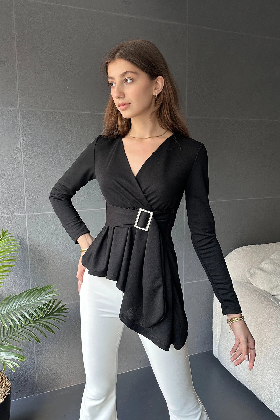Black Asymmetric Cut Belt Detail Blouse BCDF-242118 - Perpignan