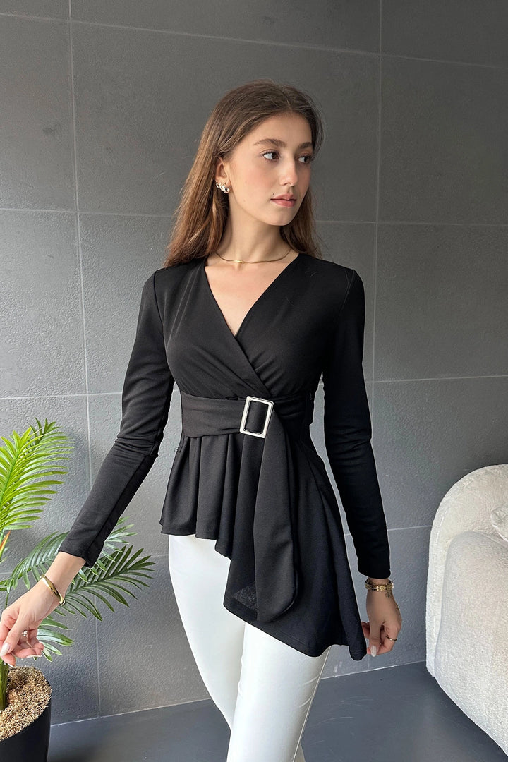 Black Asymmetric Cut Belt Detail Blouse BCDF-242118 - Perpignan