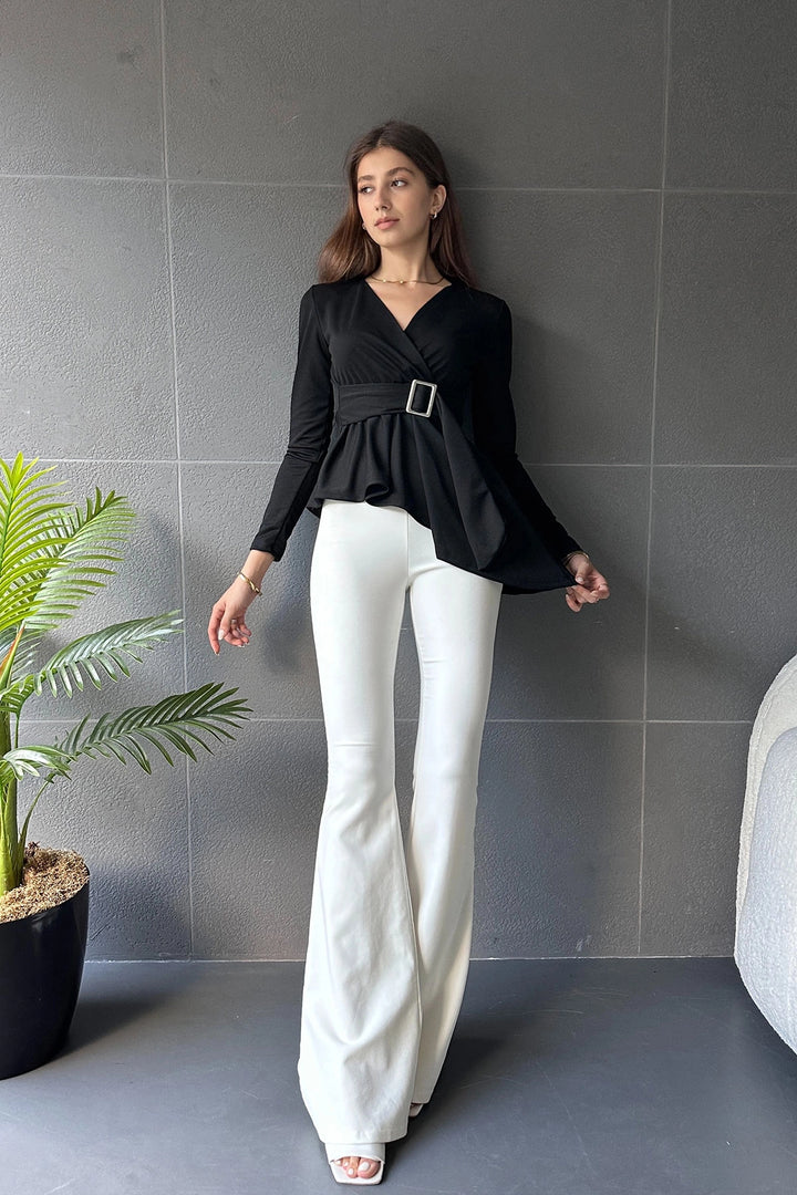 Black Asymmetric Cut Belt Detail Blouse BCDF-242118 - Perpignan