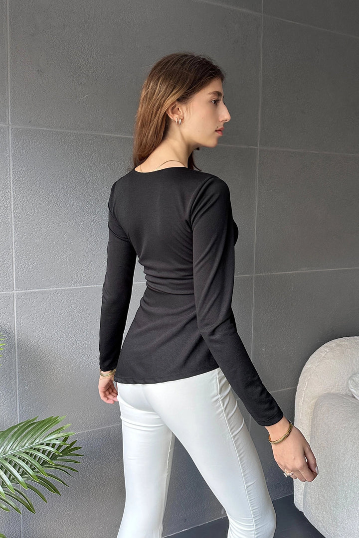 Black Asymmetric Cut Belt Detail Blouse BCDF-242118 - Perpignan