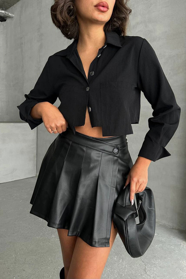 Black Asymmetric Pleated Shorts Skirt BCHN-25260071 - Lancaster