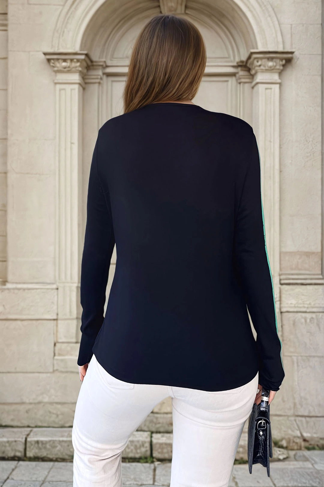 Black Asymmetric Cut Loose Blouse with Stripe Detail BCBSK-25700-3586 - Twickenham