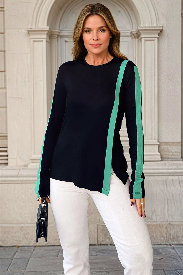 Black Asymmetric Cut Loose Blouse with Stripe Detail BCBSK-25700-3586 - Twickenham