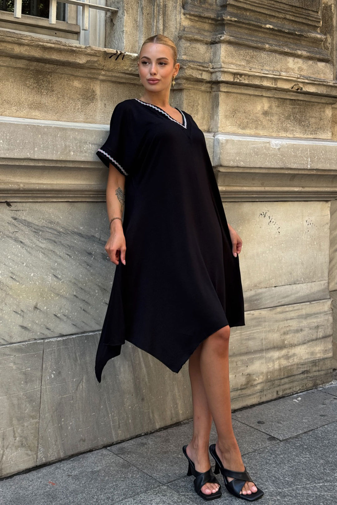 Black Asymmetric Cut V Neck Striped Comfortable Cut Viscon Dress BCVL-25V082 - Flower Mound