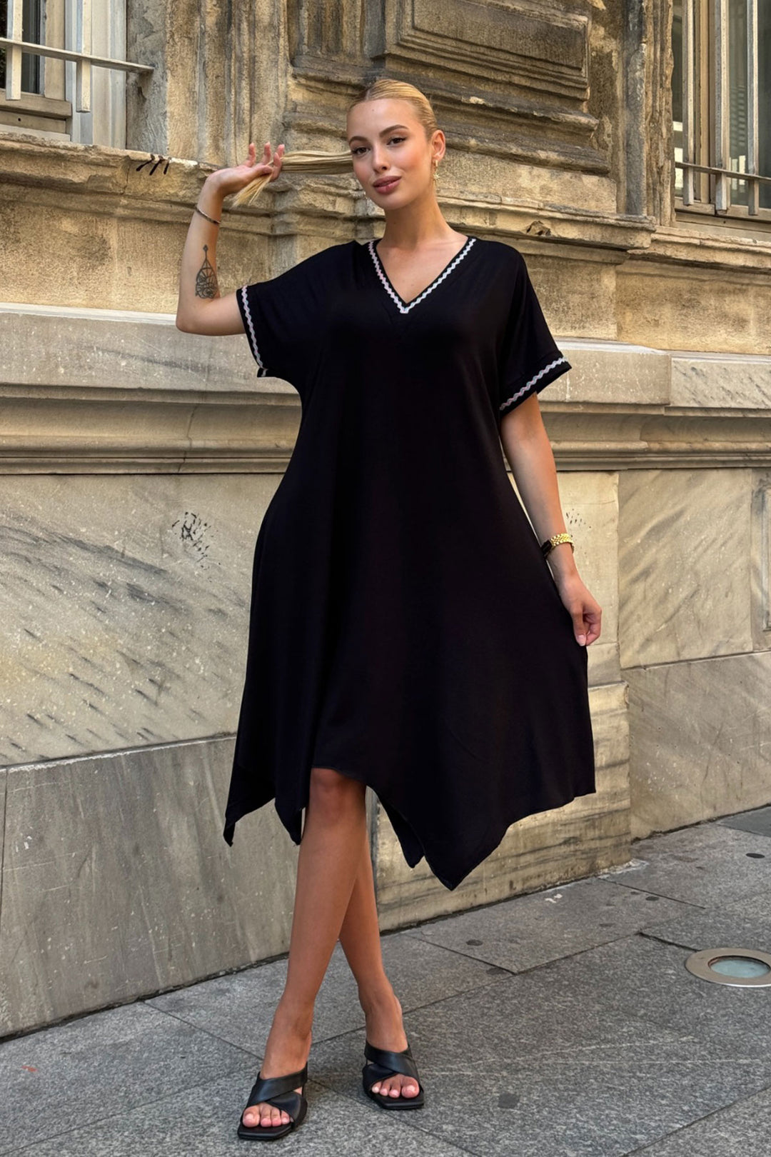 Black Asymmetric Cut V Neck Striped Comfortable Cut Viscon Dress BCVL-25V082 - Flower Mound