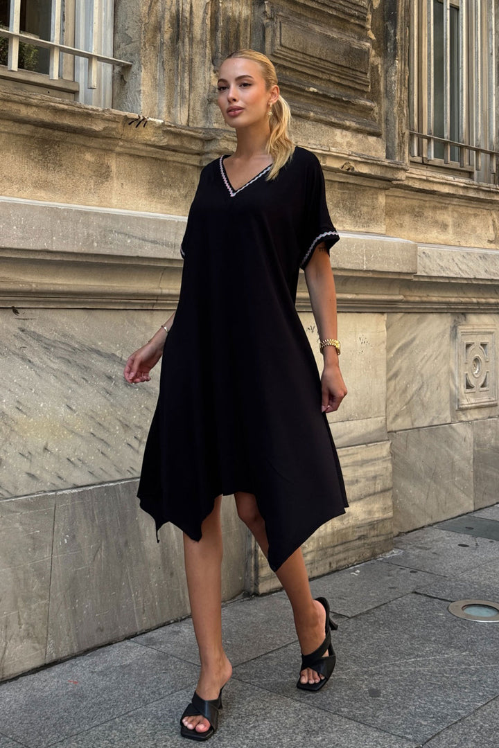 Black Asymmetric Cut V Neck Striped Comfortable Cut Viscon Dress BCVL-25V082 - Flower Mound