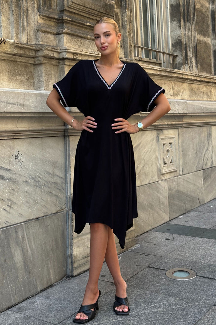Black Asymmetric Cut V Neck Striped Comfortable Cut Viscon Dress BCVL-25V082 - Flower Mound
