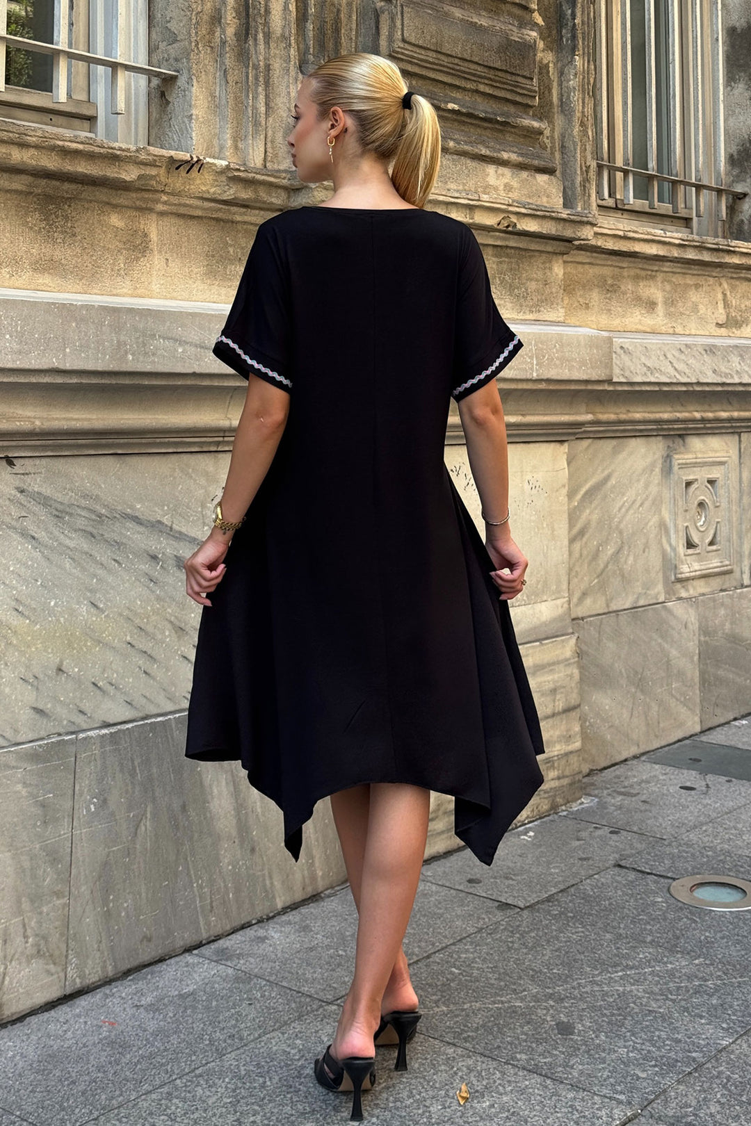 Black Asymmetric Cut V Neck Striped Comfortable Cut Viscon Dress BCVL-25V082 - Flower Mound