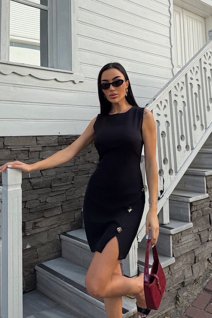 Black Strappy Accessory Detailed Slit Mini Dress - Trenton