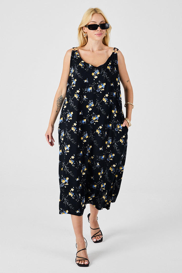Black Strappy Beaded Detail Loose Dress with Double Pockets Pattern BCVL-254027 - Torrevieja