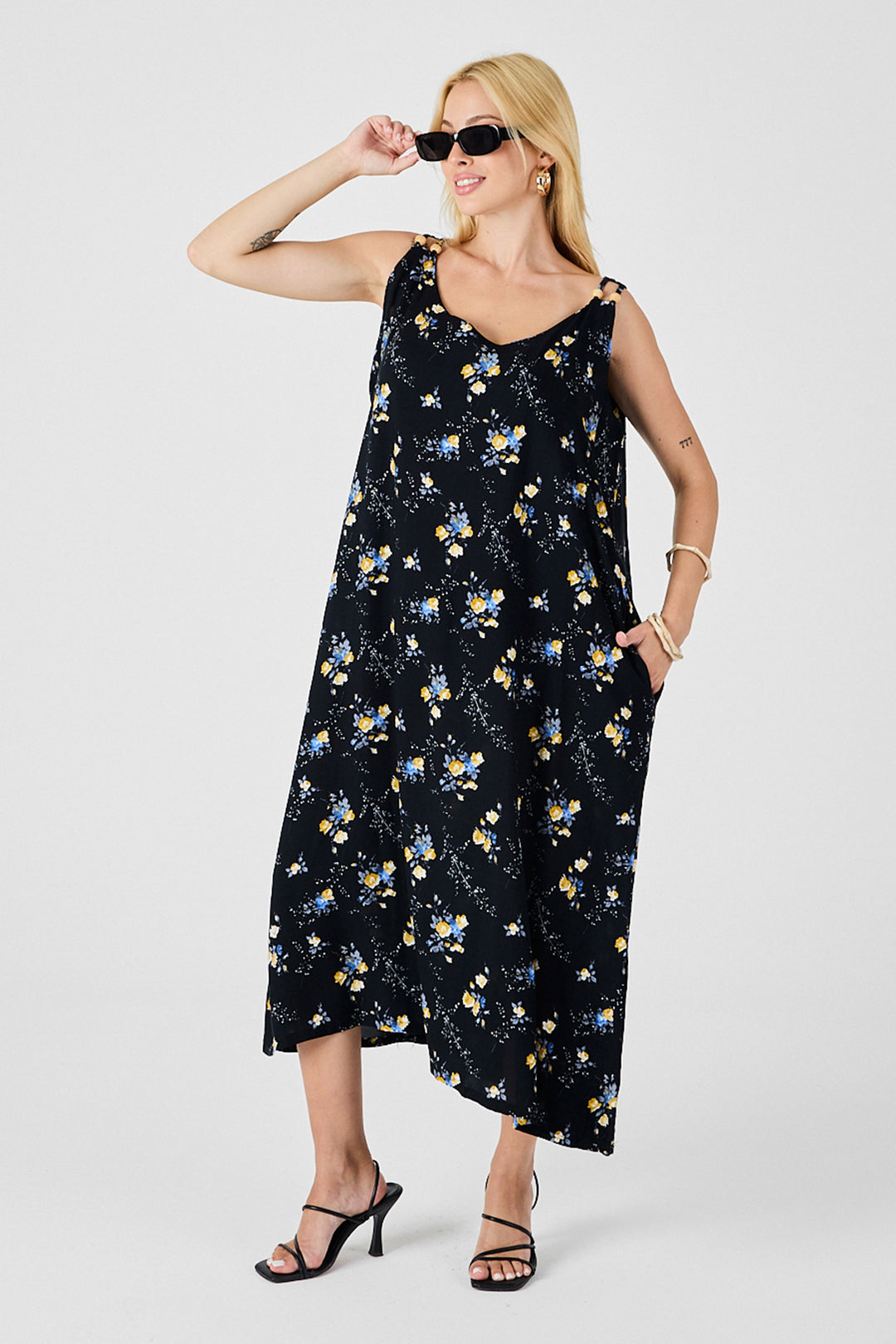 Black Strappy Beaded Detail Loose Dress with Double Pockets Pattern BCVL-254027 - Torrevieja