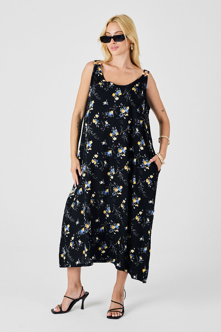 Black Strappy Beaded Detail Loose Dress with Double Pockets Pattern BCVL-254027 - Torrevieja