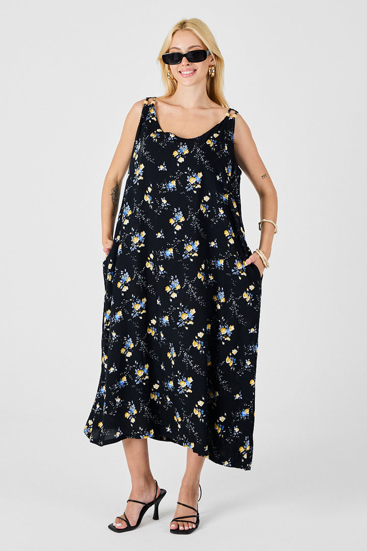 Black Strappy Beaded Detail Loose Dress with Double Pockets Pattern BCVL-254027 - Torrevieja