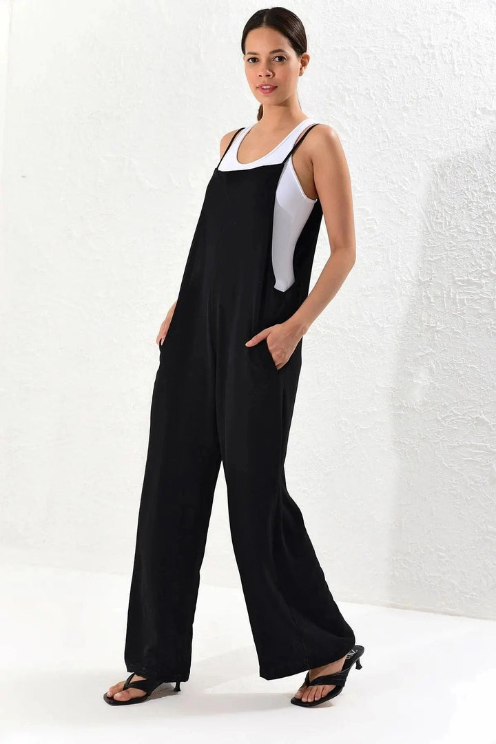 Black Strappy Double Pocket Maxi Length Comfortable Cut Jumpsuit BCBSK-25700-K5448 - Billerica