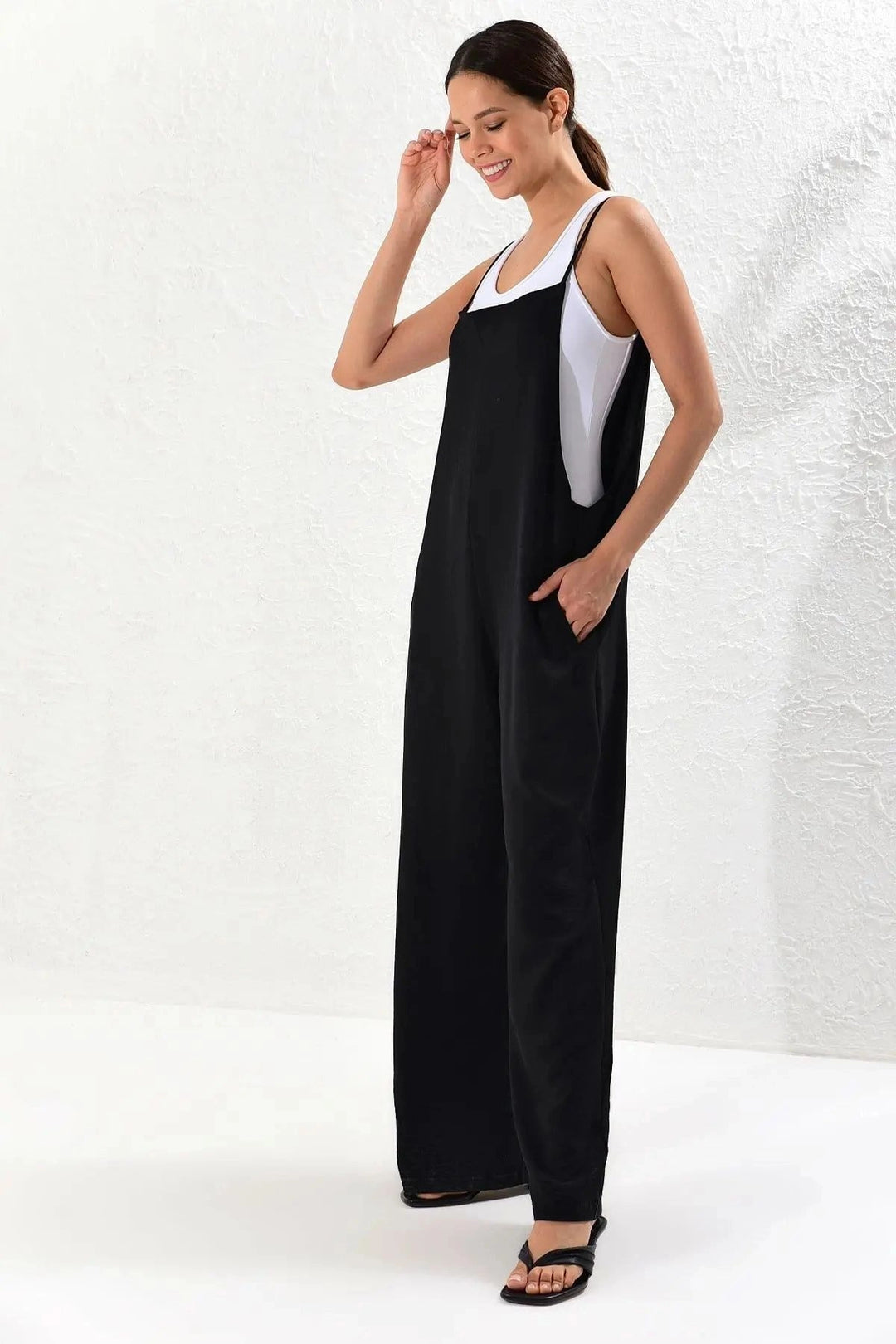 Black Strappy Double Pocket Maxi Length Comfortable Cut Jumpsuit BCBSK-25700-K5448 - Billerica