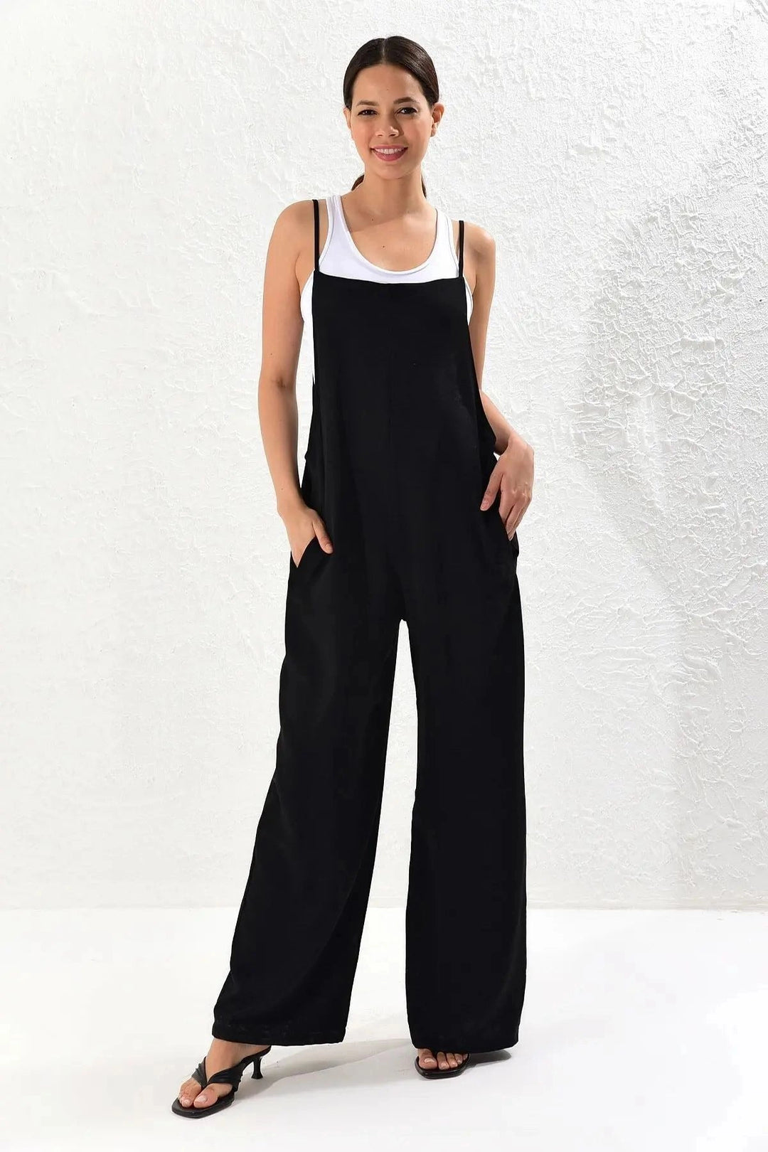 Black Strappy Double Pocket Maxi Length Comfortable Cut Jumpsuit BCBSK-25700-K5448 - Billerica