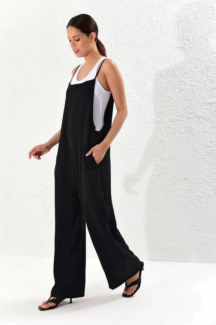 Black Strappy Double Pocket Maxi Length Comfortable Cut Jumpsuit BCBSK-25700-K5448 - Billerica
