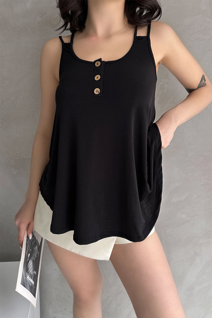 Black Sleeveless Blouse with Button Detail BCDF-252163 - Phoenix