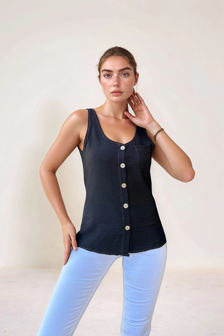 Black Linen Blouse with Straps and Buttons BCBSK-25700-2910 - Tipton