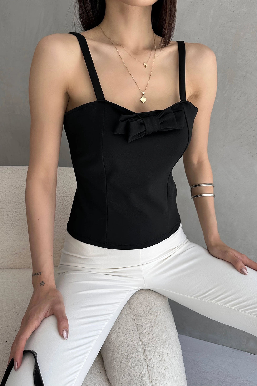 Black Strappy Bow Detail Woven Blouse BCDF-252190 - Guarda