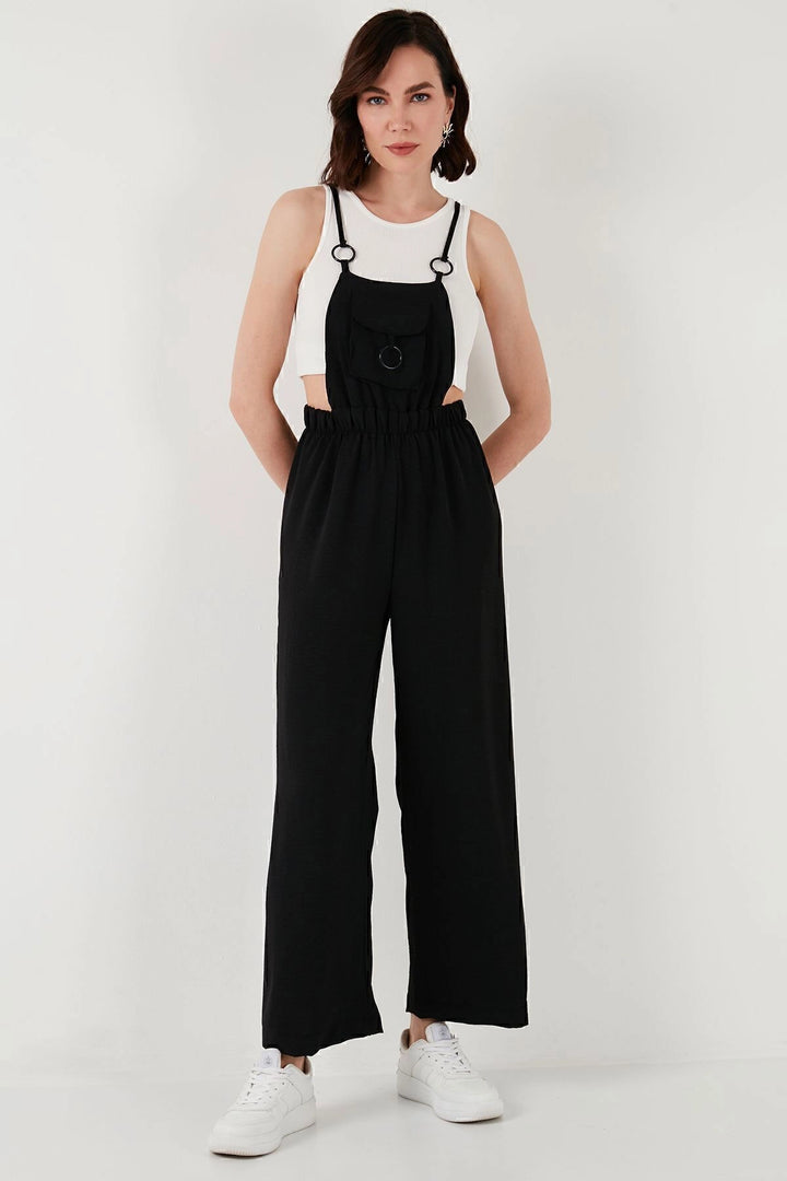 Black Linen Blend Gardener Jumpsuit with Pocket and Ring Detail Weaving BCIR-251004 - Marion