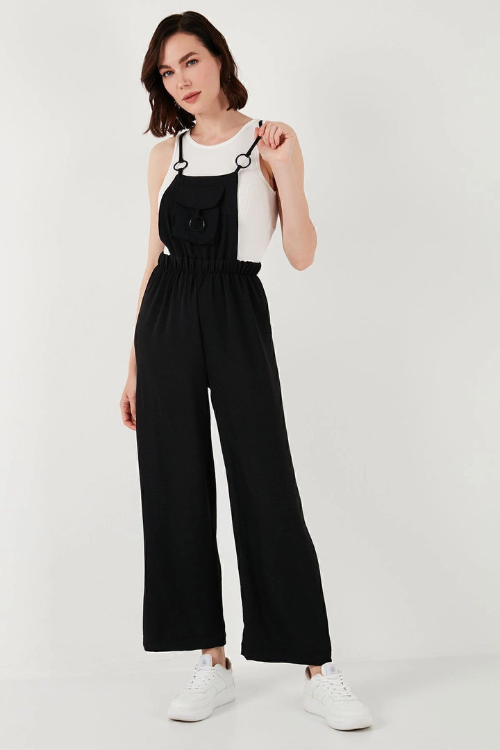 Black Linen Blend Gardener Jumpsuit with Pocket and Ring Detail Weaving BCIR-251004 - Marion