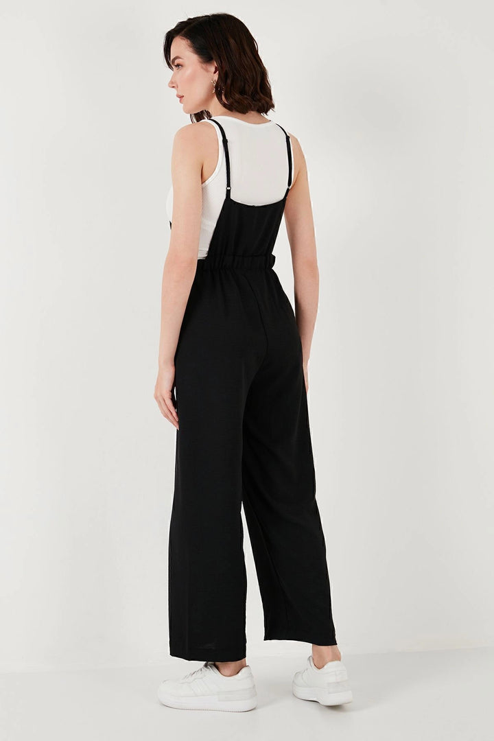 Black Linen Blend Gardener Jumpsuit with Pocket and Ring Detail Weaving BCIR-251004 - Marion