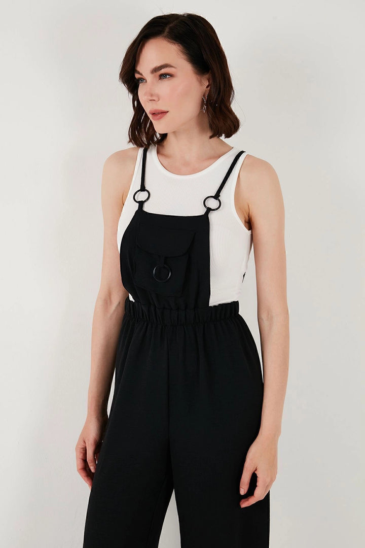 Black Linen Blend Gardener Jumpsuit with Pocket and Ring Detail Weaving BCIR-251004 - Marion