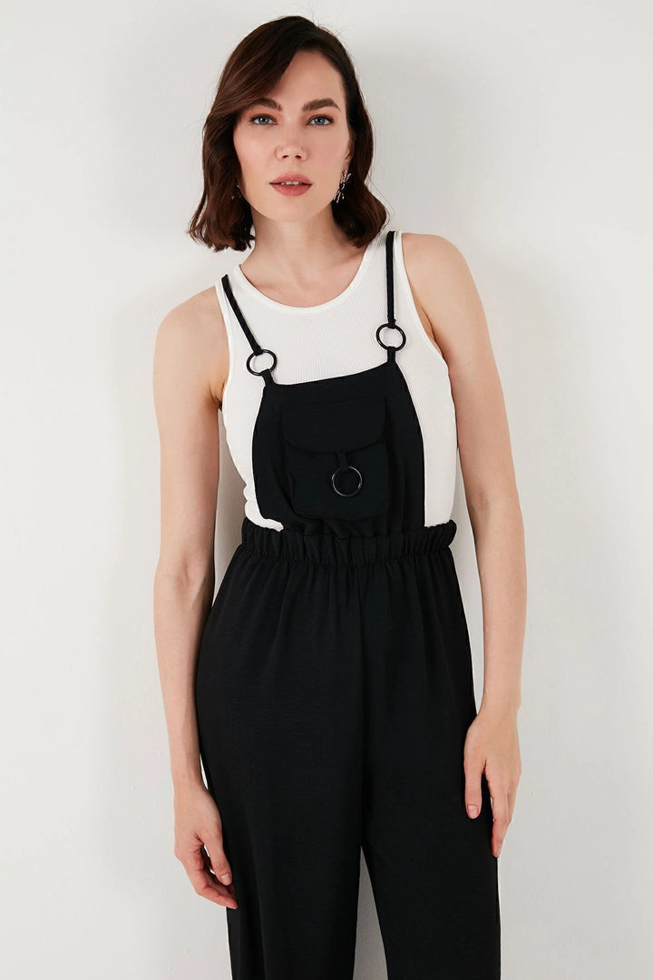 Black Linen Blend Gardener Jumpsuit with Pocket and Ring Detail Weaving BCIR-251004 - Marion