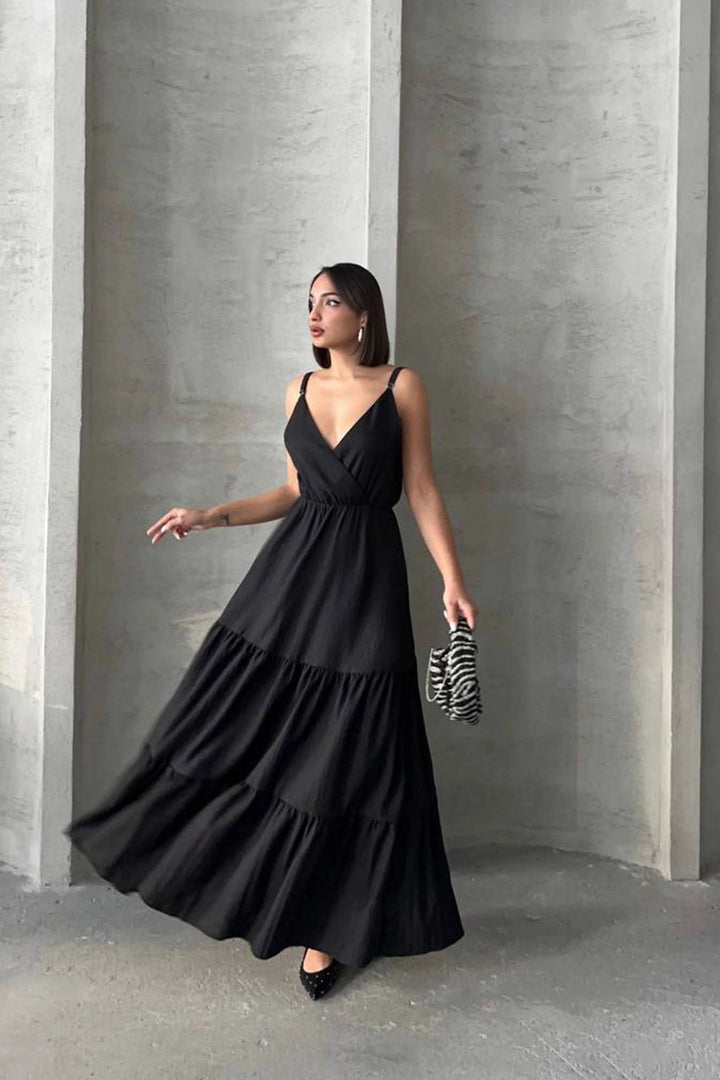 Black Strappy Wrap Neck Skirt Layered Ruffled Linen Dress BCHN-25255049 - Bologna