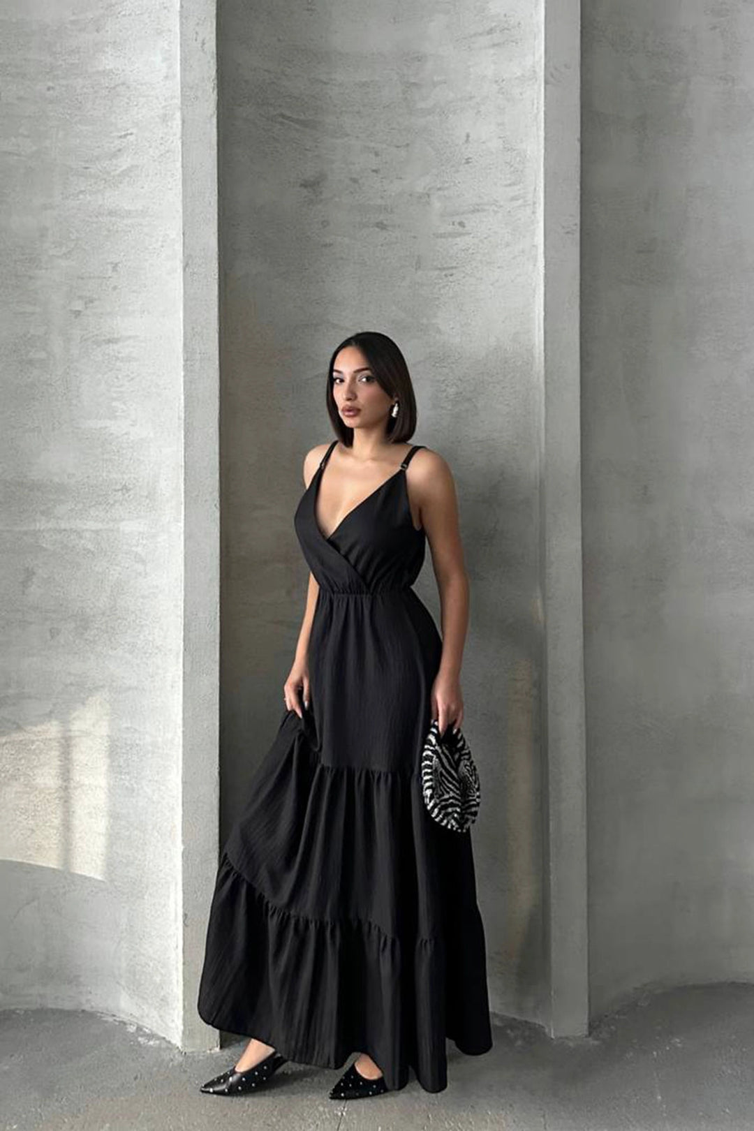 Black Strappy Wrap Neck Skirt Layered Ruffled Linen Dress BCHN-25255049 - Bologna