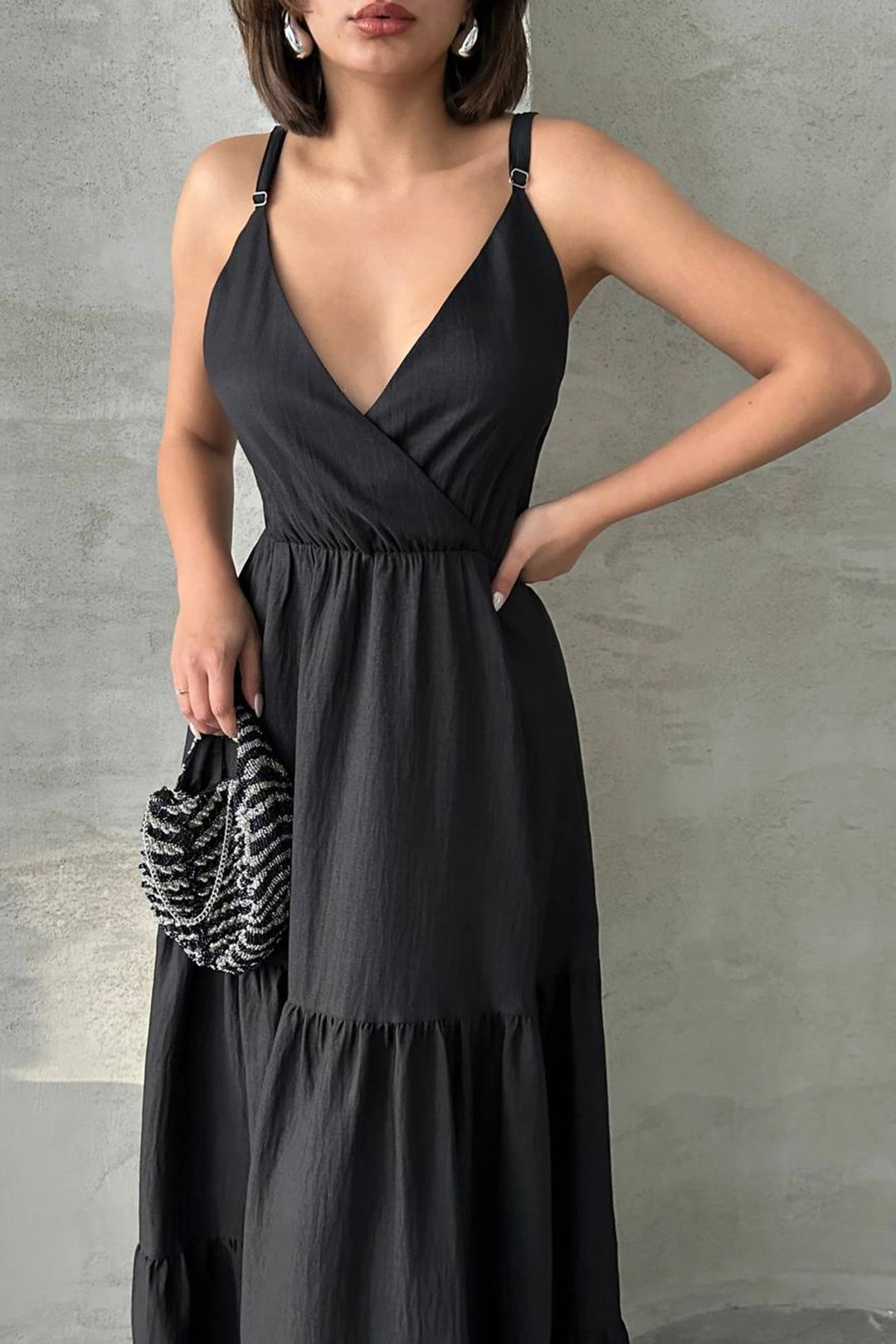 Black Strappy Wrap Neck Skirt Layered Ruffled Linen Dress BCHN-25255049 - Bologna