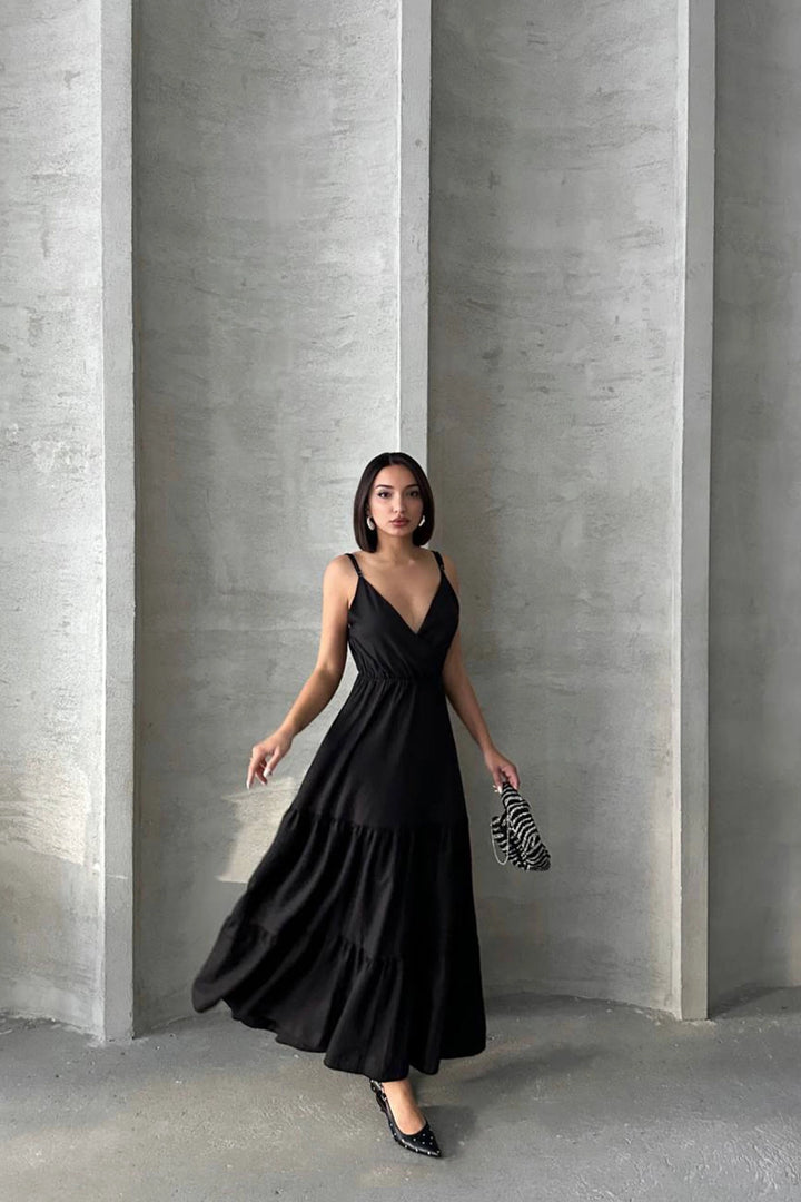 Black Strappy Wrap Neck Skirt Layered Ruffled Linen Dress BCHN-25255049 - Bologna