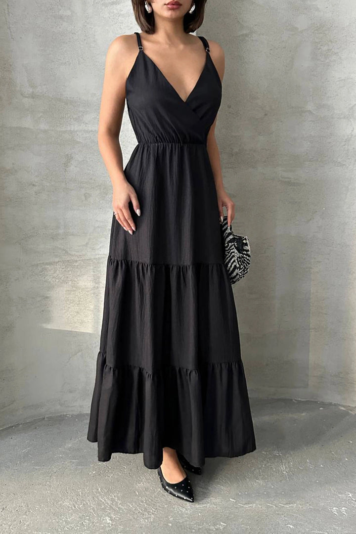 Black Strappy Wrap Neck Skirt Layered Ruffled Linen Dress BCHN-25255049 - Bologna