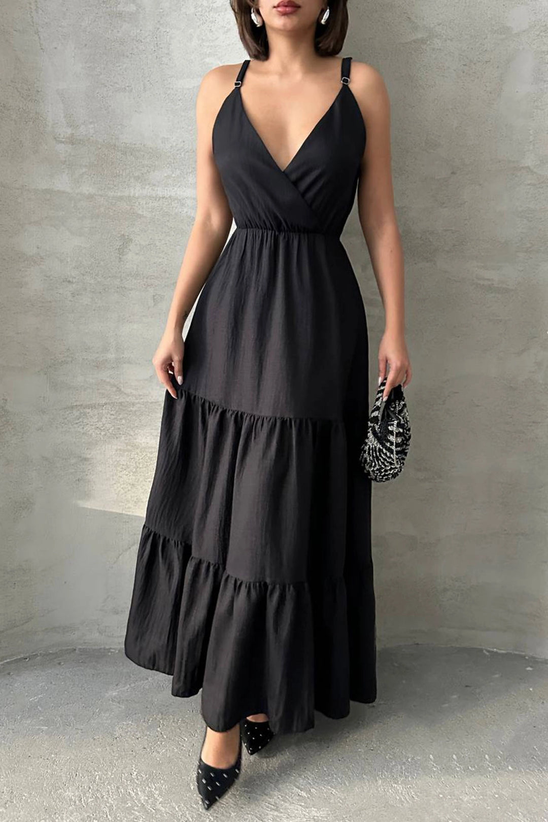 Black Strappy Wrap Neck Skirt Layered Ruffled Linen Dress BCHN-25255049 - Bologna