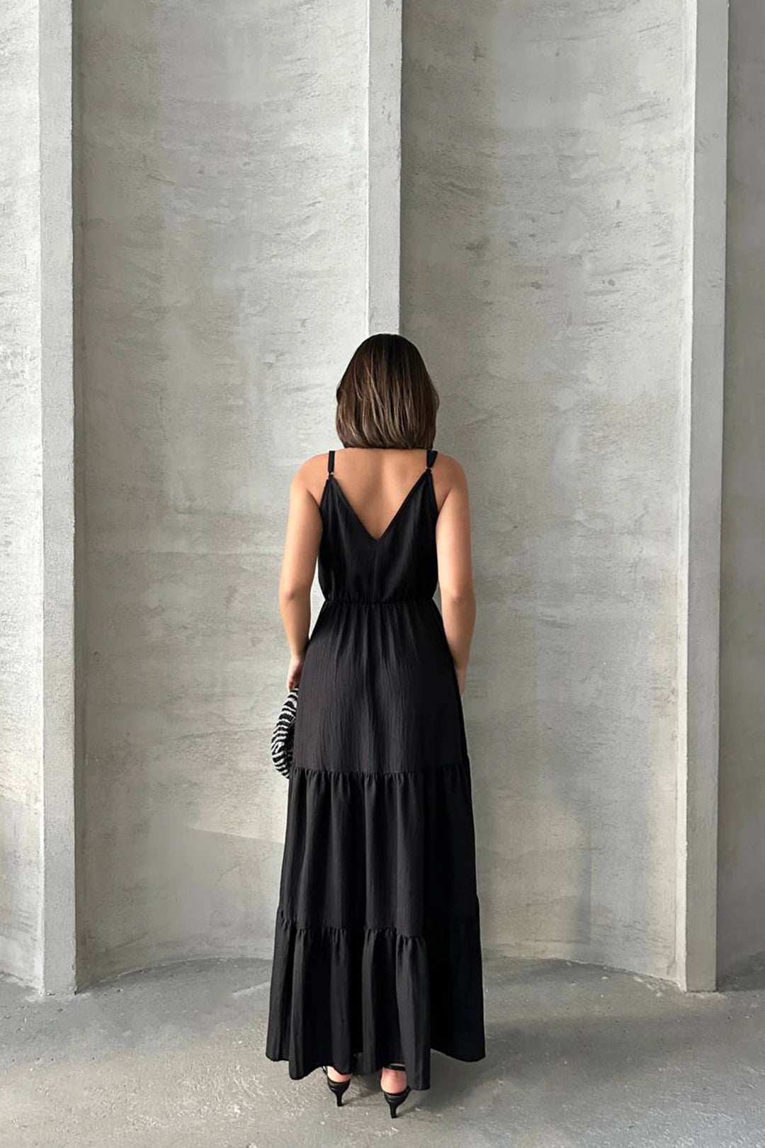 Black Strappy Wrap Neck Skirt Layered Ruffled Linen Dress BCHN-25255049 - Bologna