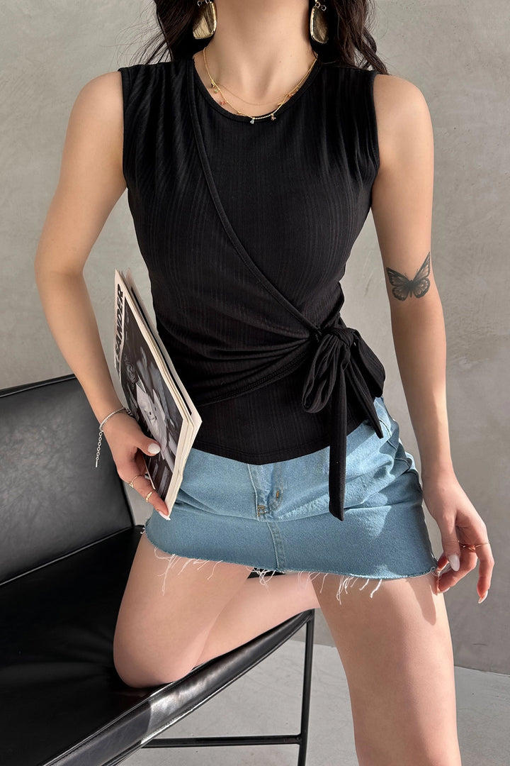 Black Sleeveless Front Cross-Tied Blouse BCDF-252180 - Runcorn