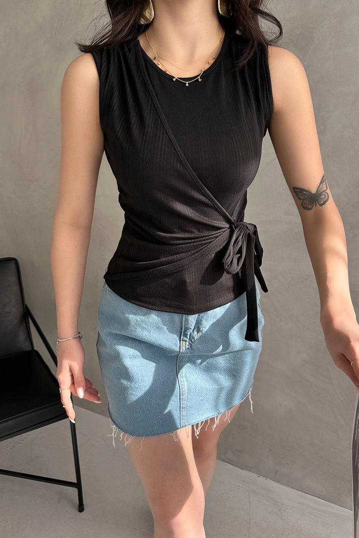 Black Sleeveless Front Cross-Tied Blouse BCDF-252180 - Runcorn