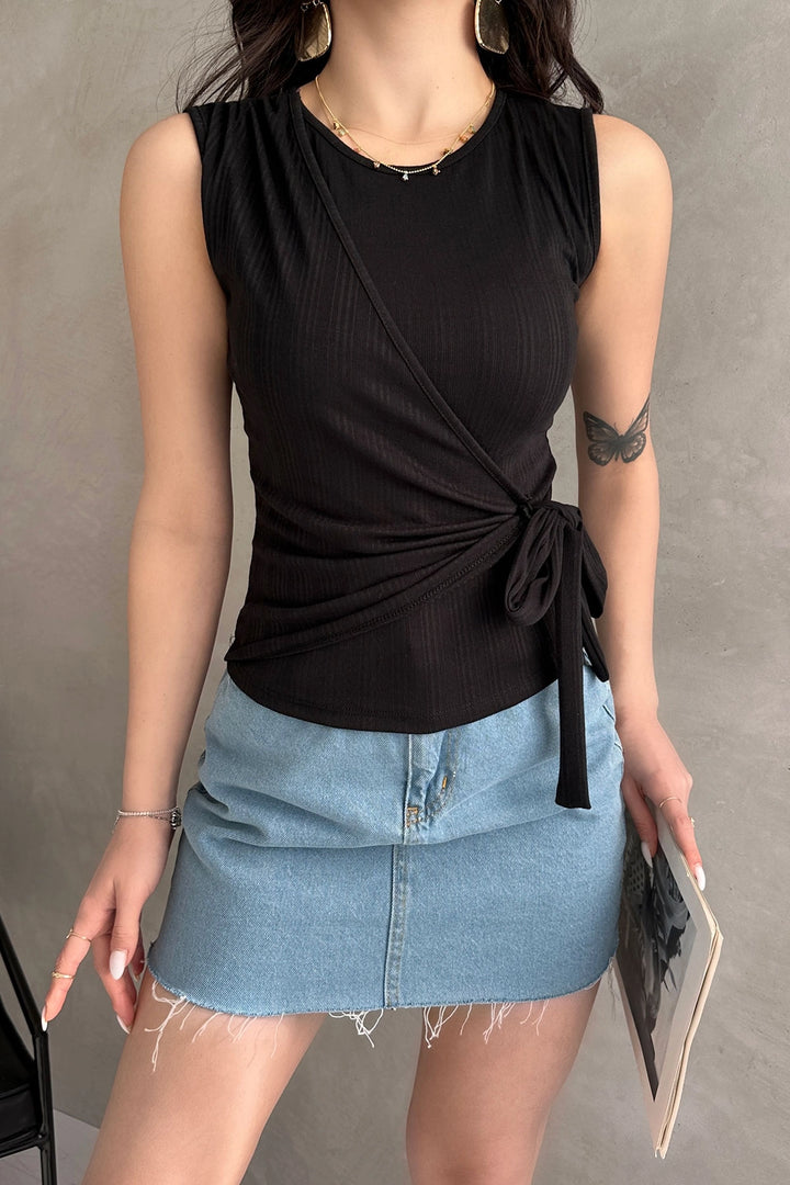 Black Sleeveless Front Cross-Tied Blouse BCDF-252180 - Runcorn