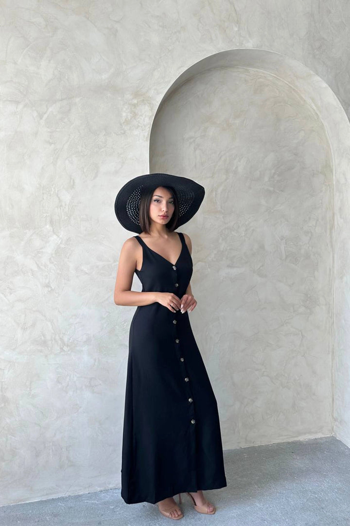 Black Strappy Slit Detail Maxi Woven Shirt Dress BCHN-25255044 - Pirna