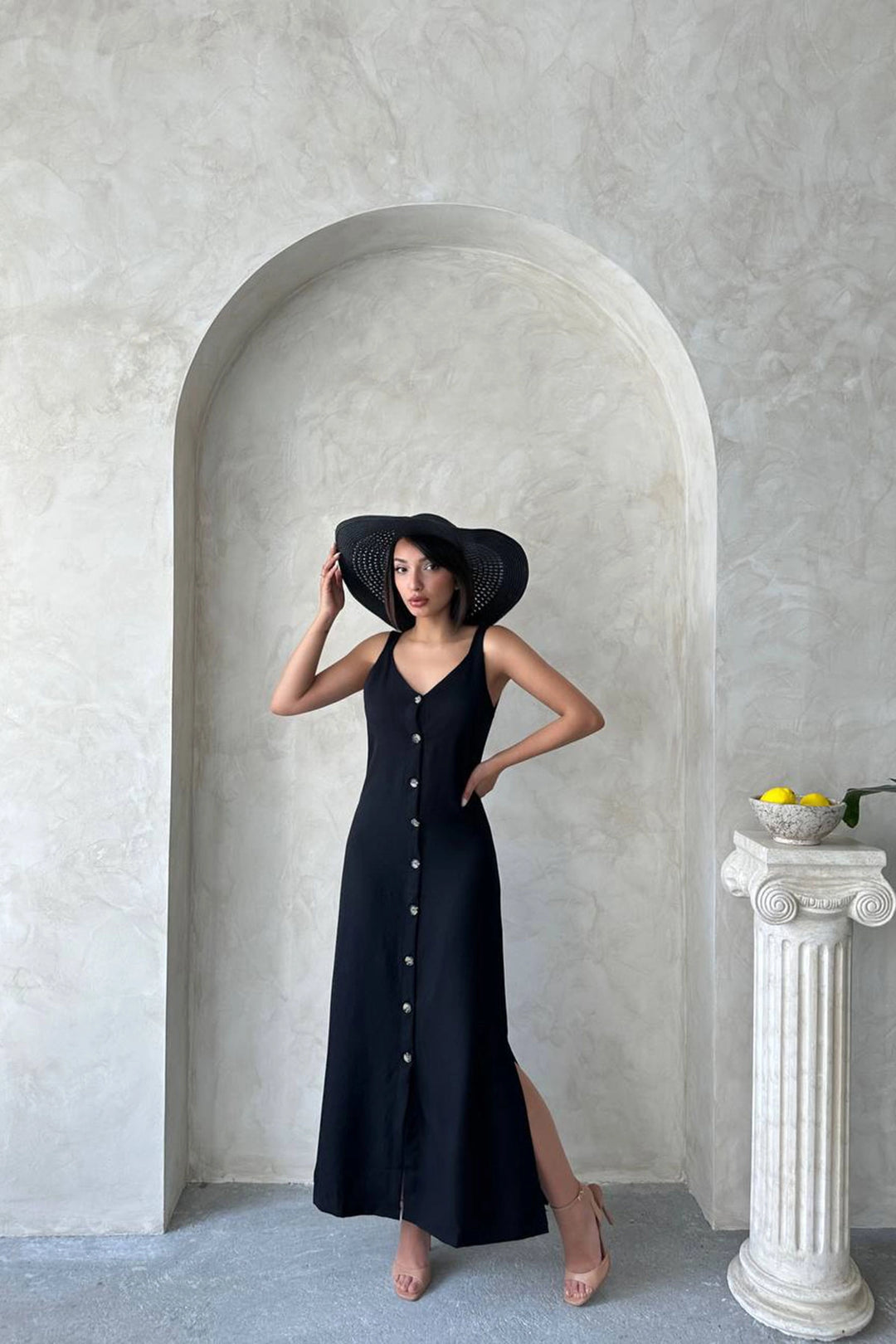 Black Strappy Slit Detail Maxi Woven Shirt Dress BCHN-25255044 - Pirna