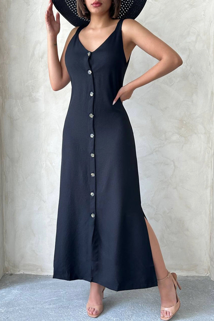 Black Strappy Slit Detail Maxi Woven Shirt Dress BCHN-25255044 - Pirna