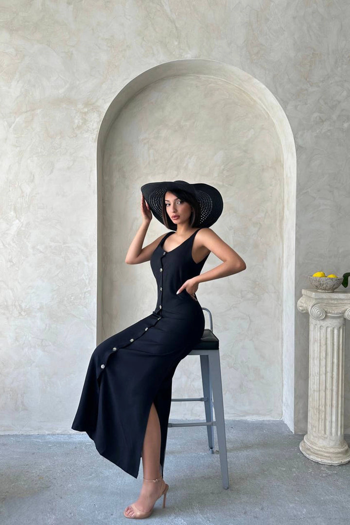 Black Strappy Slit Detail Maxi Woven Shirt Dress BCHN-25255044 - Pirna