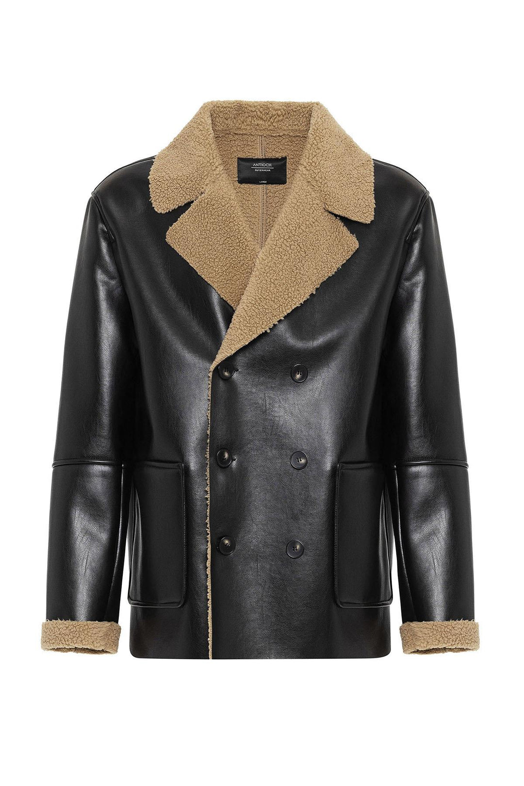 ANT Antioch Black Lined Detailed Faux Leather Double-Breasted Men's Coat - Kherson