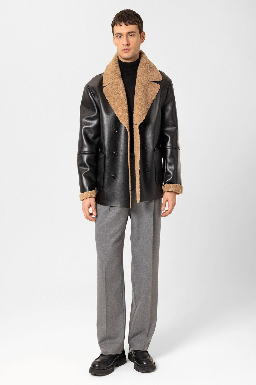 ANT Antioch Black Lined Detailed Faux Leather Double-Breasted Men's Coat - Kherson
