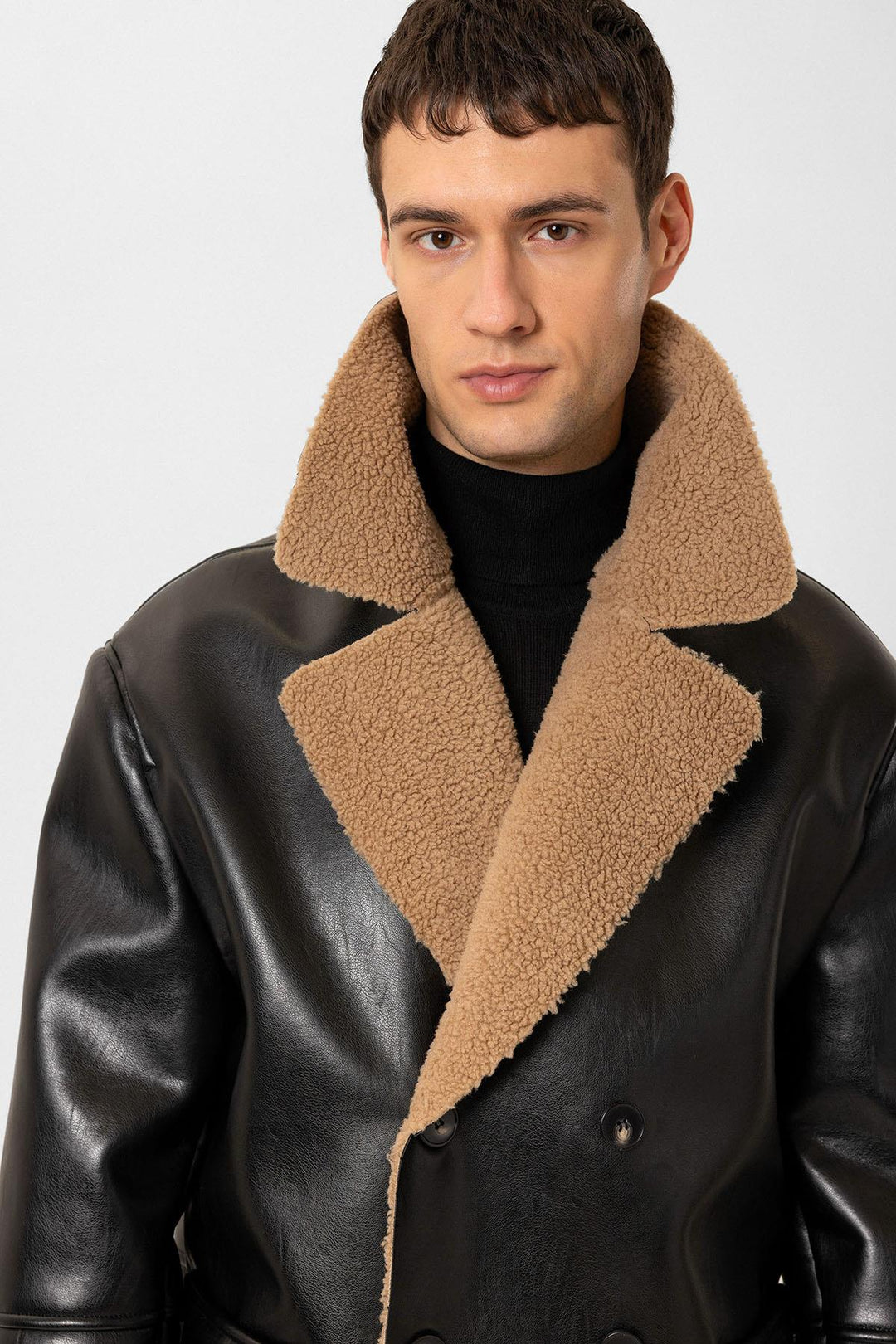 ANT Antioch Black Lined Detailed Faux Leather Double-Breasted Men's Coat - Kherson